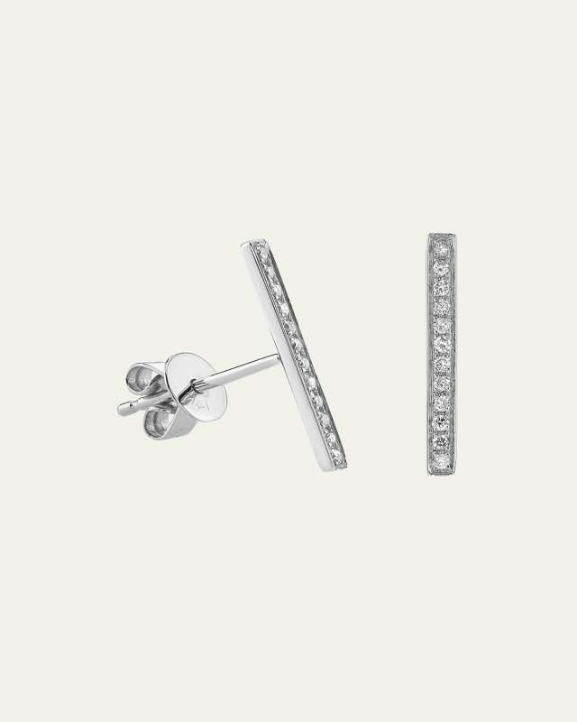 14k White Gold Medium Pave Diamond Bar Stud Earrings